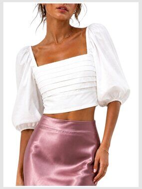Abercrombie & Fitch Crop Top White Square Neck Puff Sleeve Smocked S